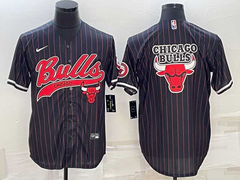 Men%27s Chicago Bulls Black Pinstripe Team Big Logo With Patch Cool Base Stitched Baseball Jersey